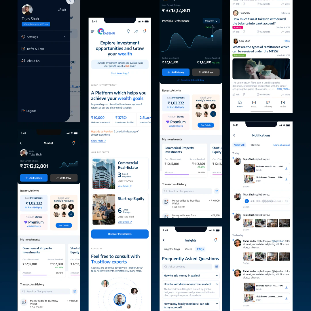 EasNRI Trustflow investment and wallet app UI