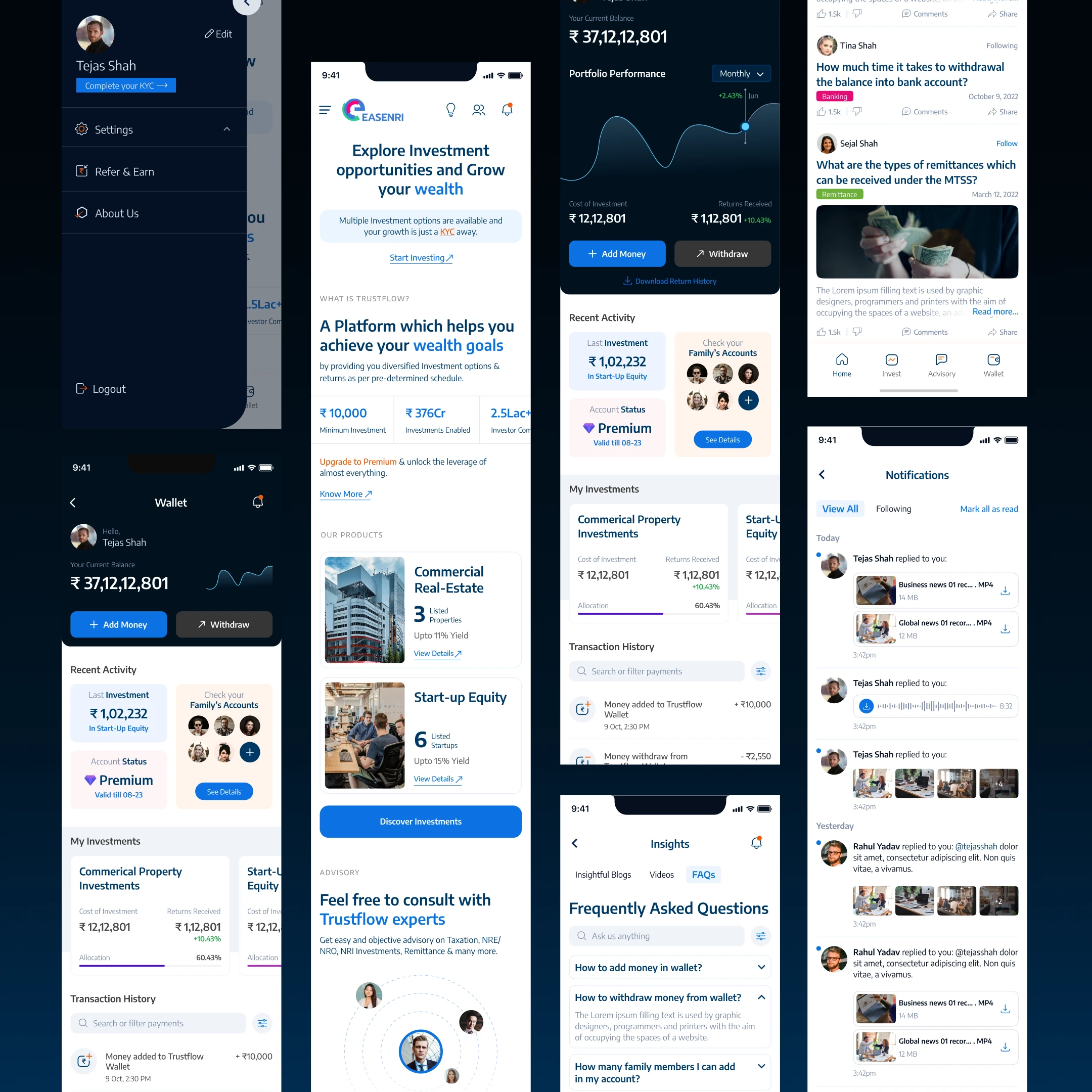 EasNRI Trustflow investment and wallet app UI